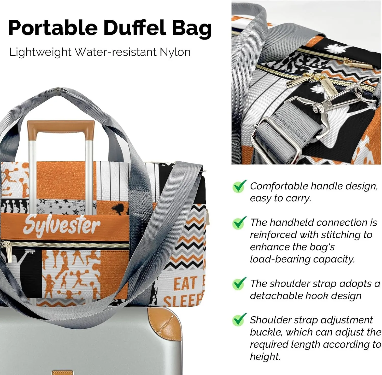 Personalized Cheerleader Glitter Orange Custom Multi-functional Travel Bag, Unisex Portable Duffel Bag, Short Distance Travel Assistant