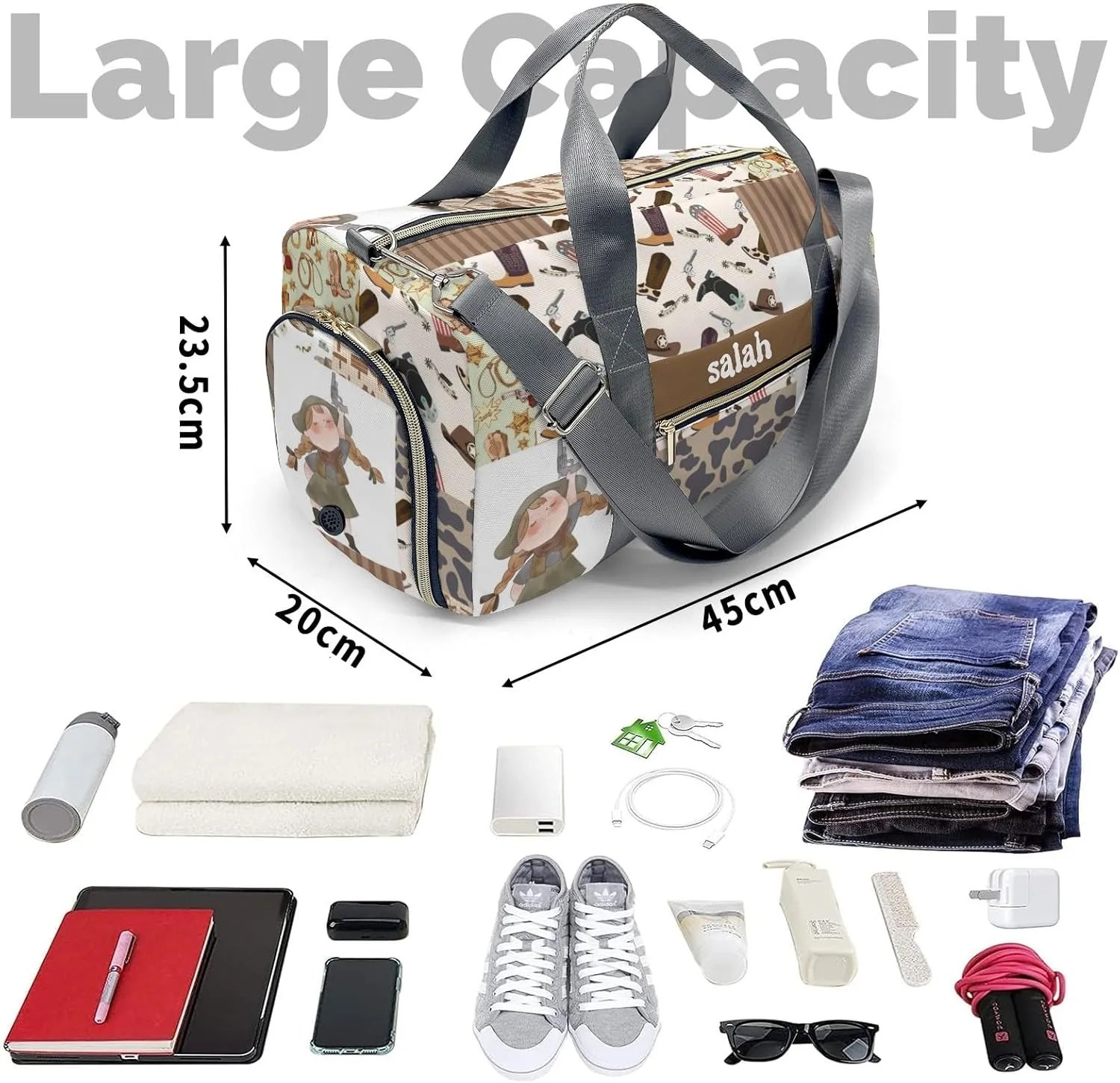 Personalized Cool Cute Cow Girl Patchwork Custom Multi-functional Travel Bag, Unisex Portable Duffel Bag, Short Distance Travel Assistant