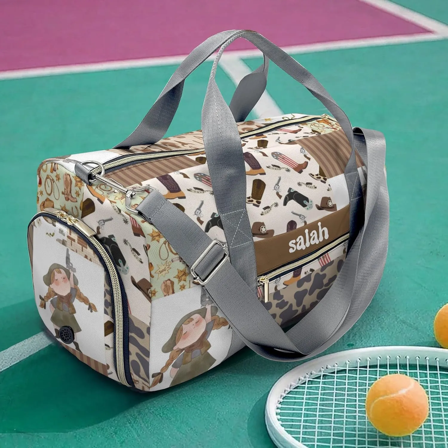 Personalized Cool Cute Cow Girl Patchwork Custom Multi-functional Travel Bag, Unisex Portable Duffel Bag, Short Distance Travel Assistant