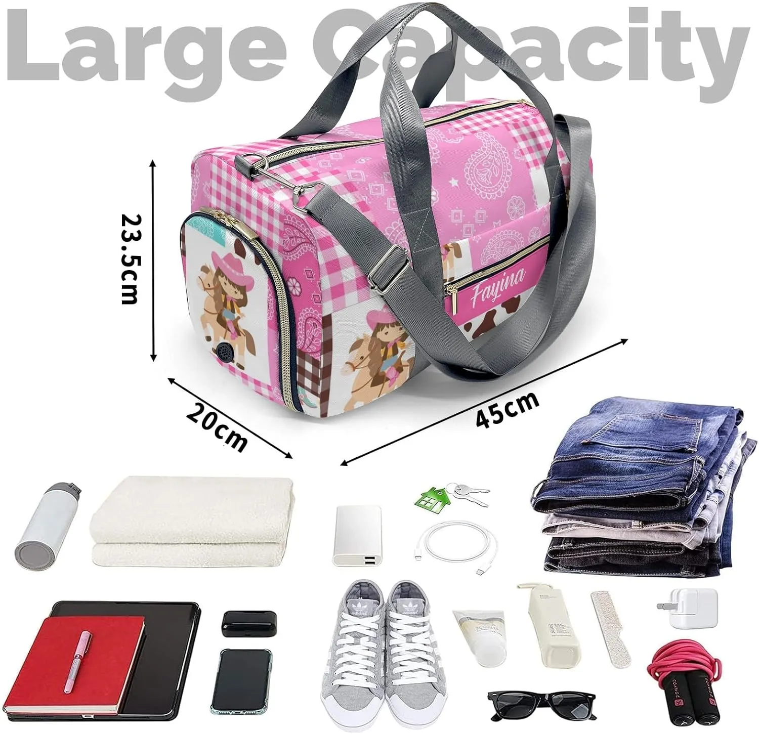 Personalized Cowgirl Paisley Plaid Patchwork Custom Multi-functional Travel Bag, Unisex Portable Duffel Bag, Short Distance Travel Assistant