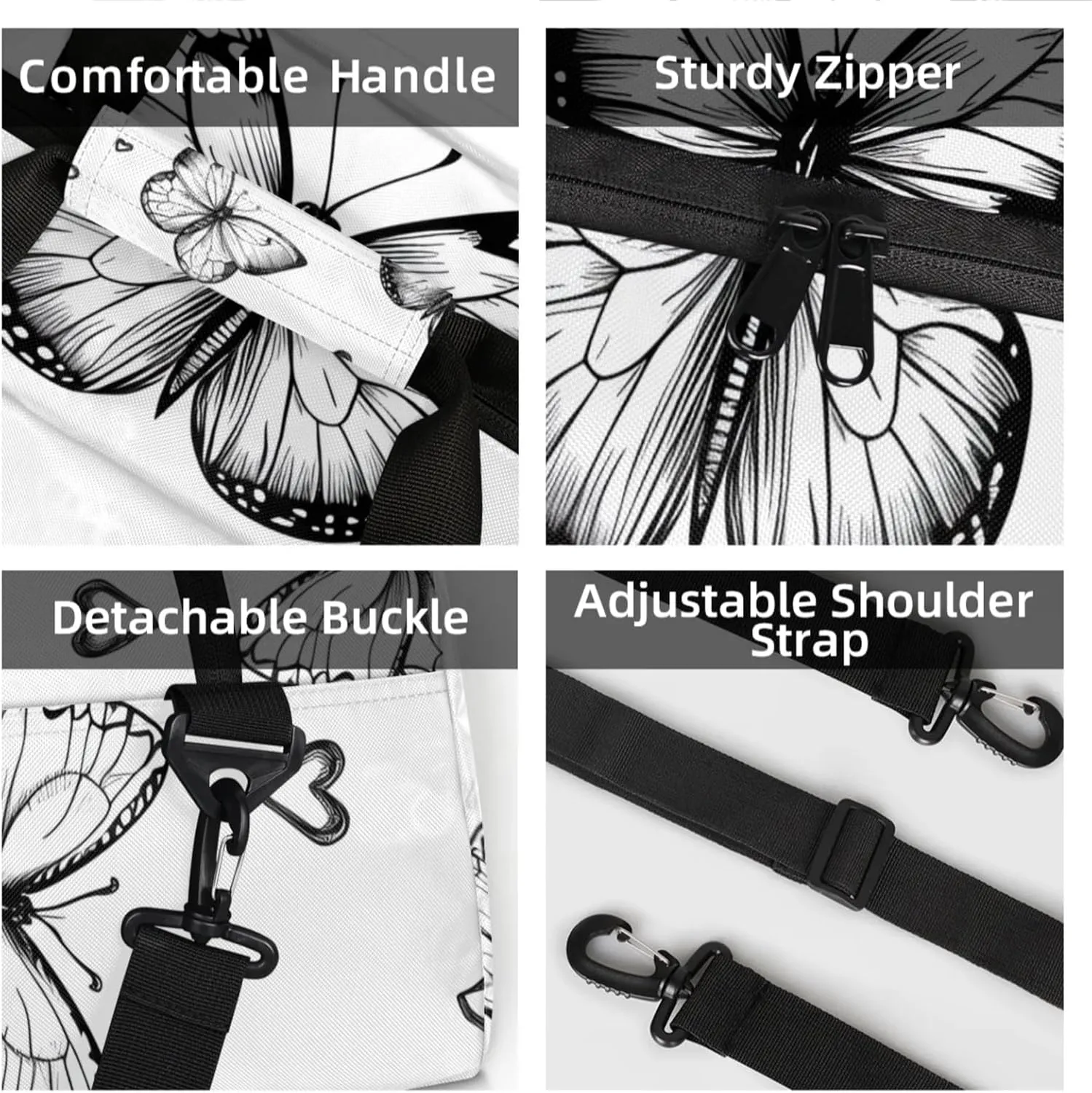 Personalized Custom Black White Butterfly Gym Bag for Women Men Carry on Travel Duffel Tote Butterfly Overnight Workout Weekender Bag