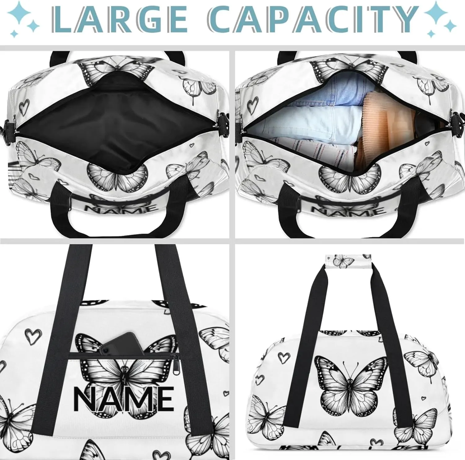 Personalized Custom Black White Butterfly Gym Bag for Women Men Carry on Travel Duffel Tote Butterfly Overnight Workout Weekender Bag