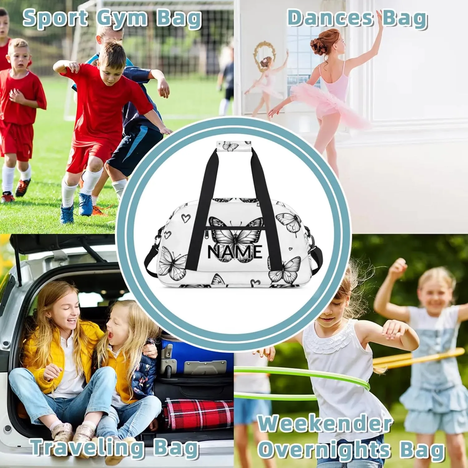 Personalized Custom Black White Butterfly Gym Bag for Women Men Carry on Travel Duffel Tote Butterfly Overnight Workout Weekender Bag