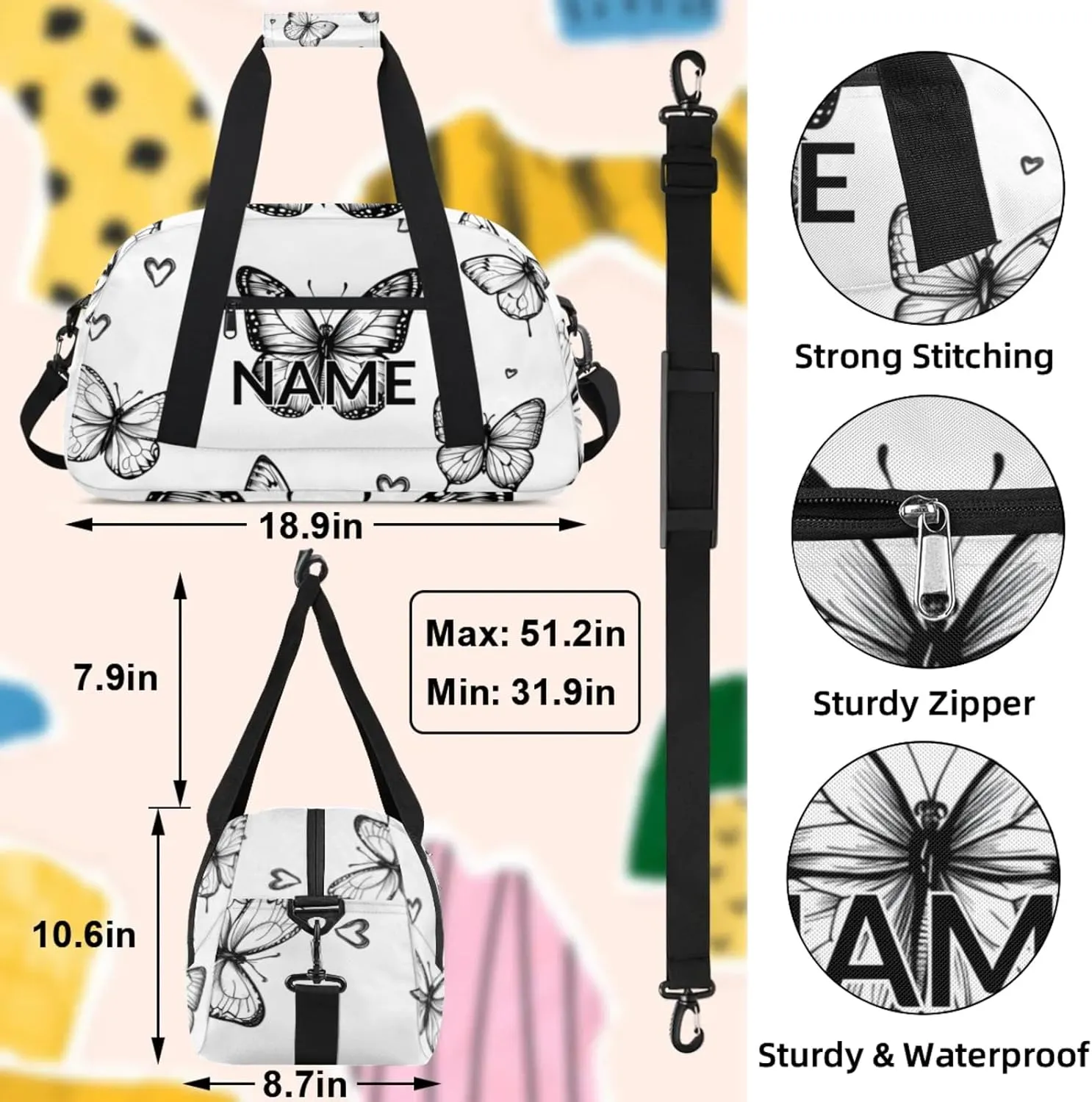 Personalized Custom Black White Butterfly Gym Bag for Women Men Carry on Travel Duffel Tote Butterfly Overnight Workout Weekender Bag