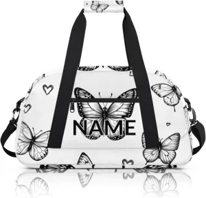 Personalized Custom Black White Butterfly Gym Bag for Women Men Carry on Travel Duffel Tote Butterfly Overnight Workout Weekender Bag