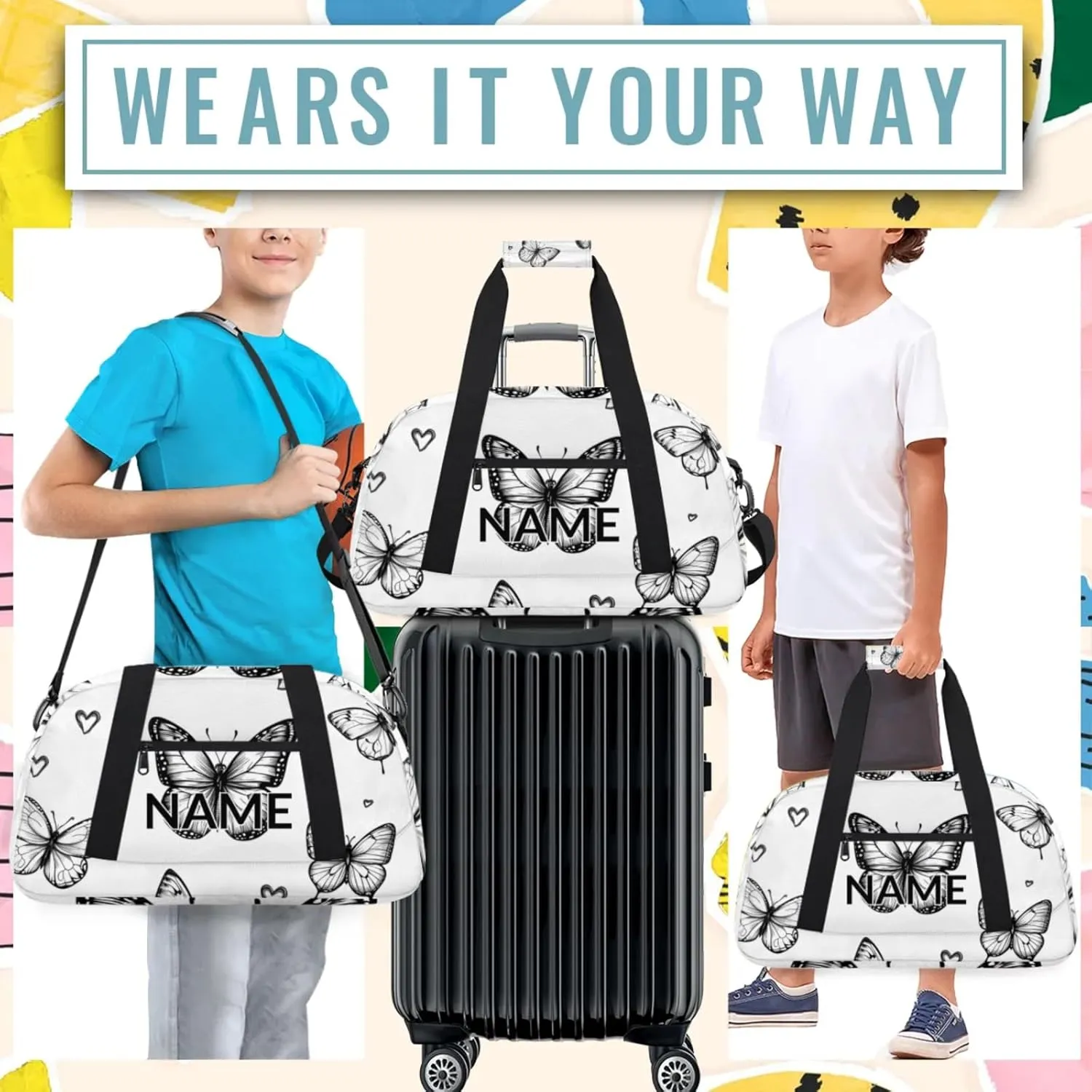 Personalized Custom Black White Butterfly Gym Bag for Women Men Carry on Travel Duffel Tote Butterfly Overnight Workout Weekender Bag