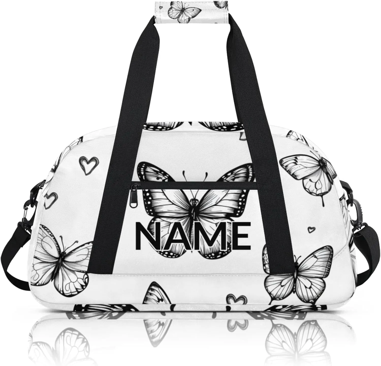 Personalized Custom Black White Butterfly Gym Bag for Women Men Carry on Travel Duffel Tote Butterfly Overnight Workout Weekender Bag