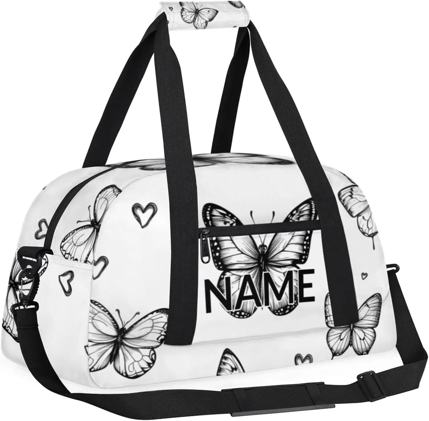 Personalized Custom Black White Butterfly Gym Bag for Women Men Carry on Travel Duffel Tote Butterfly Overnight Workout Weekender Bag