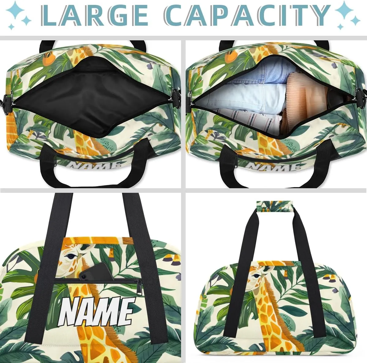 Personalized Custom Gym Bag for Women Men Carry on Africa Giraffe Travel Duffel Tote Africa Animal Overnight Workout Weekender Bag