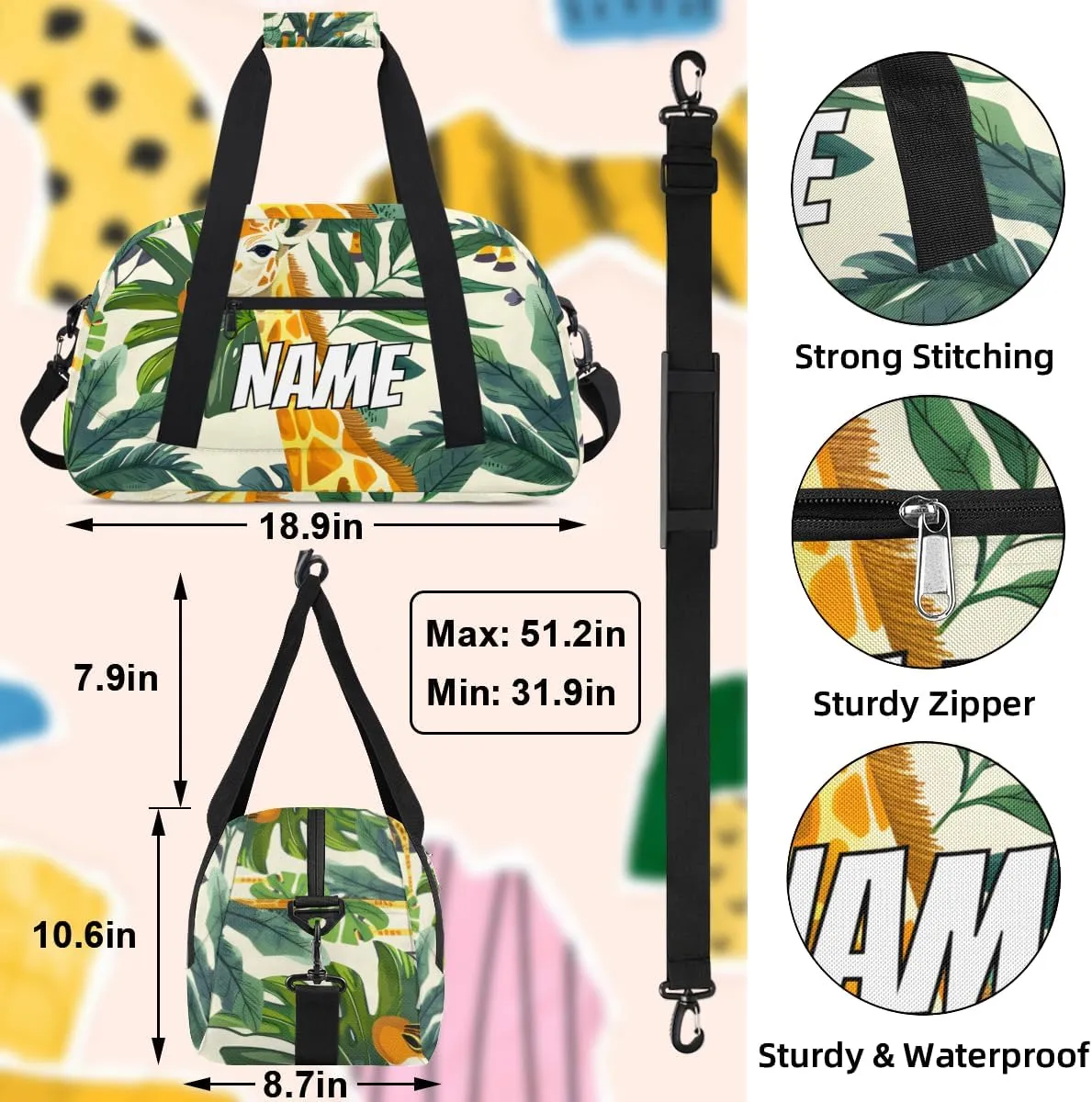 Personalized Custom Gym Bag for Women Men Carry on Africa Giraffe Travel Duffel Tote Africa Animal Overnight Workout Weekender Bag