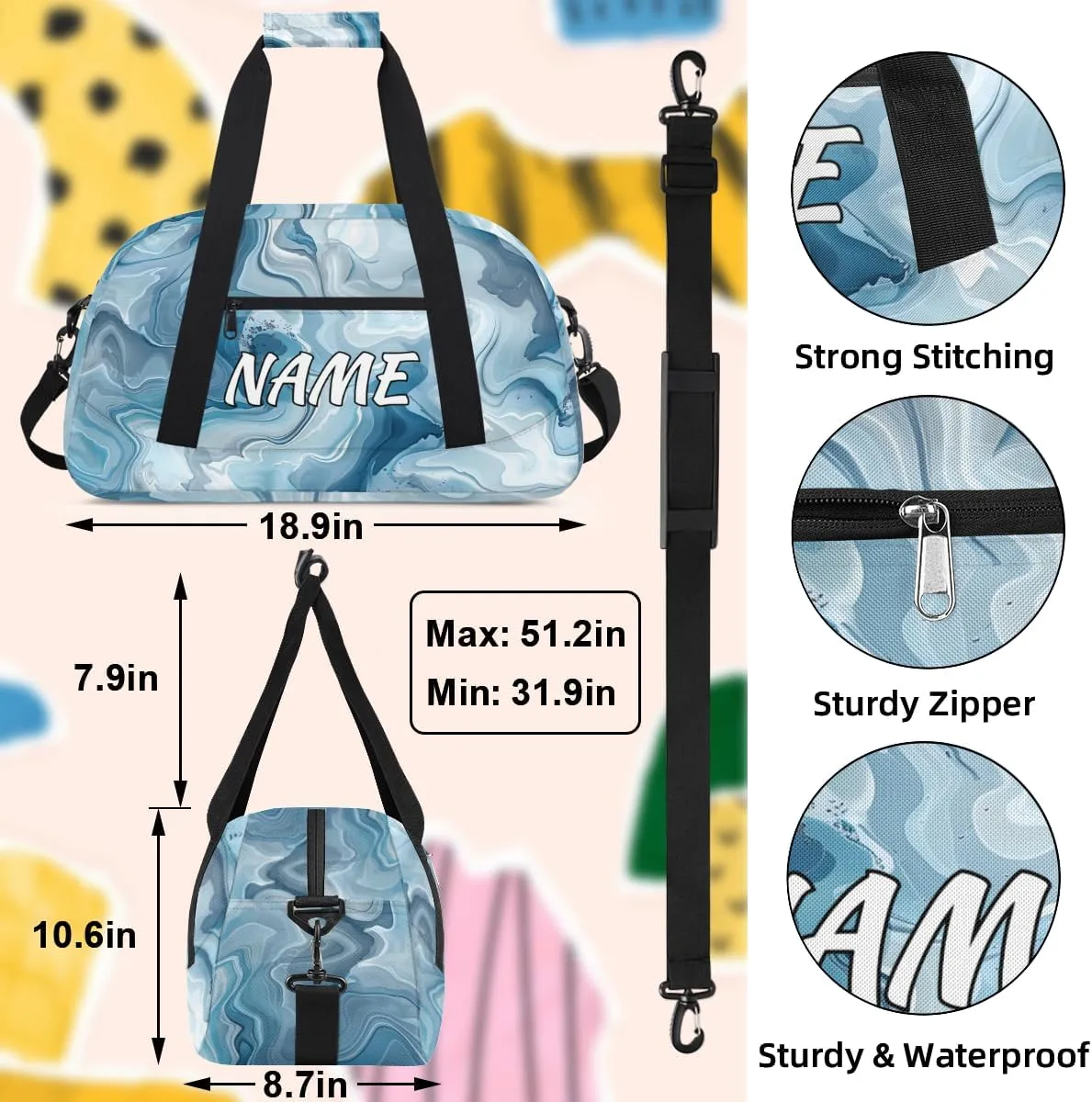 Personalized Custom Gym Bag for Women Men Carry on Blue Marble Travel Duffel Tote Abstact Fluid Overnight Workout Weekender Bag
