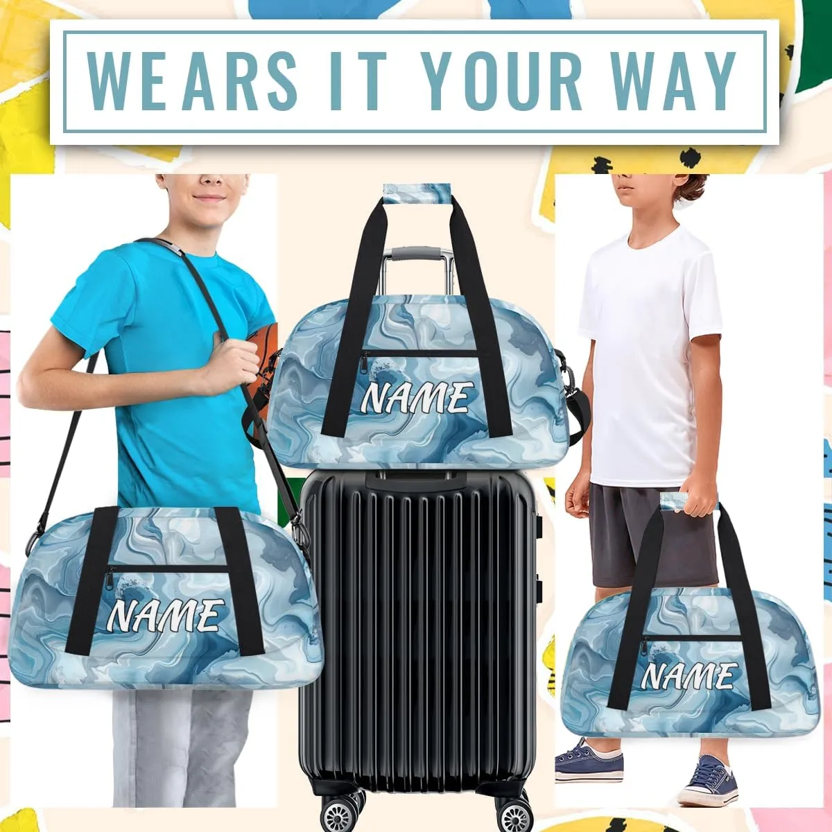 Personalized Custom Gym Bag for Women Men Carry on Blue Marble Travel Duffel Tote Abstact Fluid Overnight Workout Weekender Bag