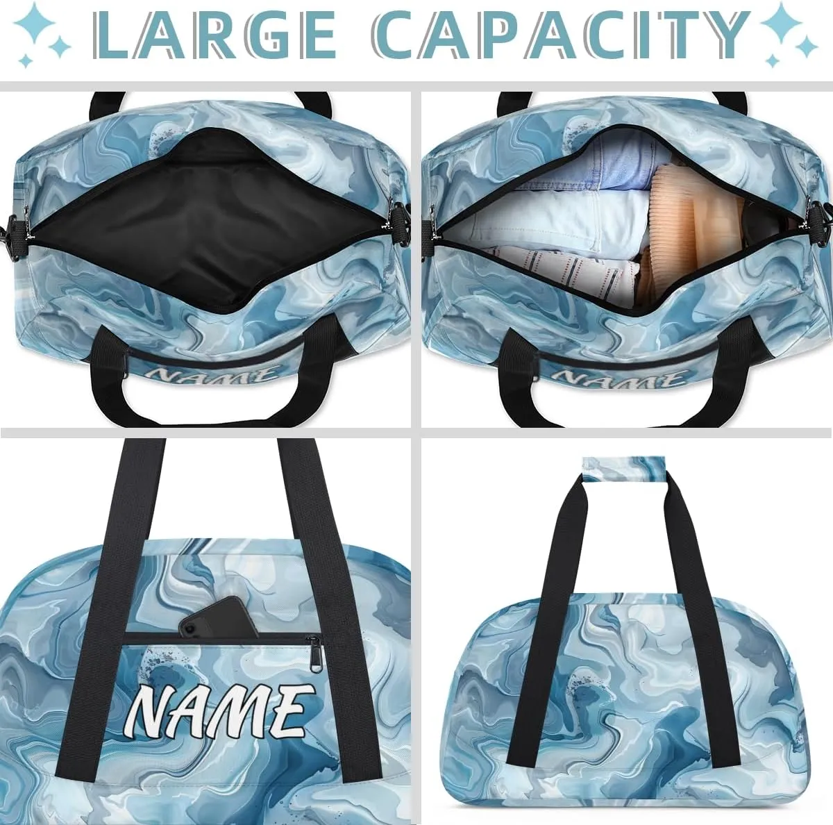 Personalized Custom Gym Bag for Women Men Carry on Blue Marble Travel Duffel Tote Abstact Fluid Overnight Workout Weekender Bag