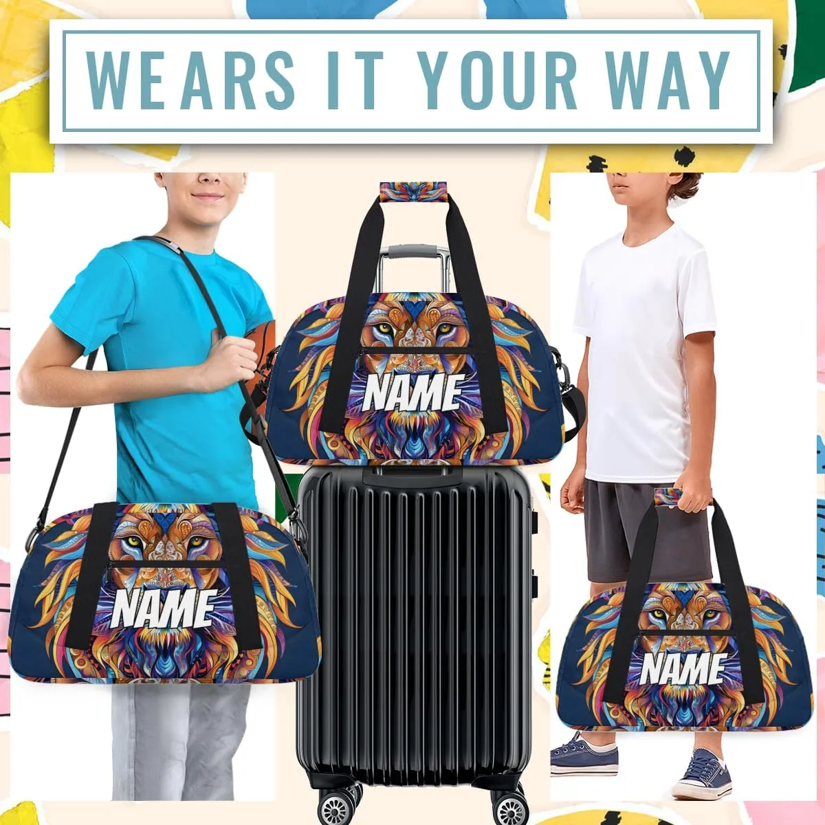 Personalized Custom Gym Bag for Women Men Carry on Boho Lion Travel Duffel Tote Cool Art Overnight Workout Weekender Bag