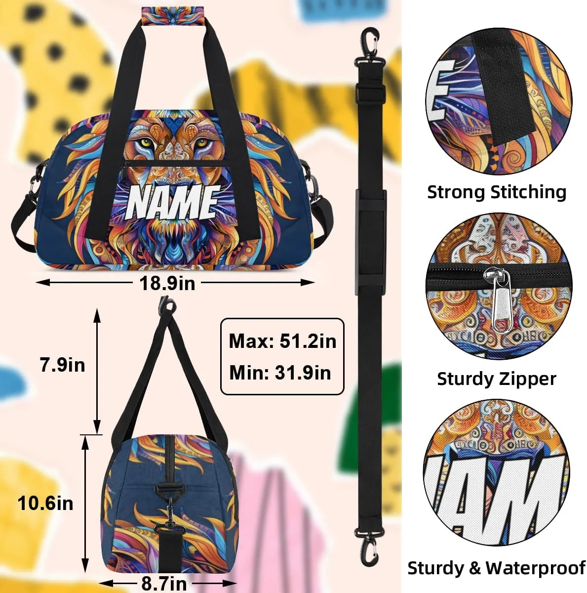 Personalized Custom Gym Bag for Women Men Carry on Boho Lion Travel Duffel Tote Cool Art Overnight Workout Weekender Bag