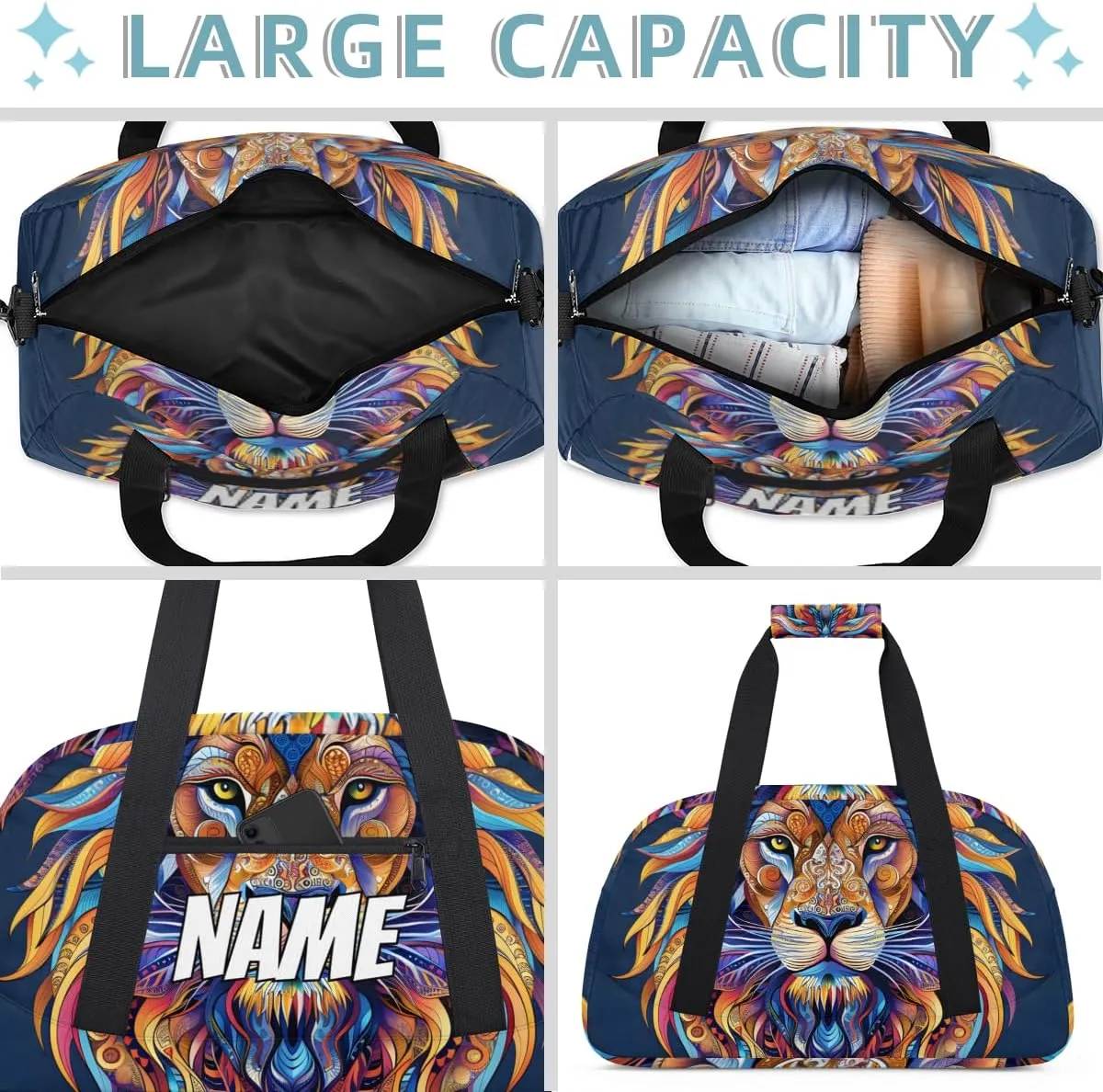 Personalized Custom Gym Bag for Women Men Carry on Boho Lion Travel Duffel Tote Cool Art Overnight Workout Weekender Bag