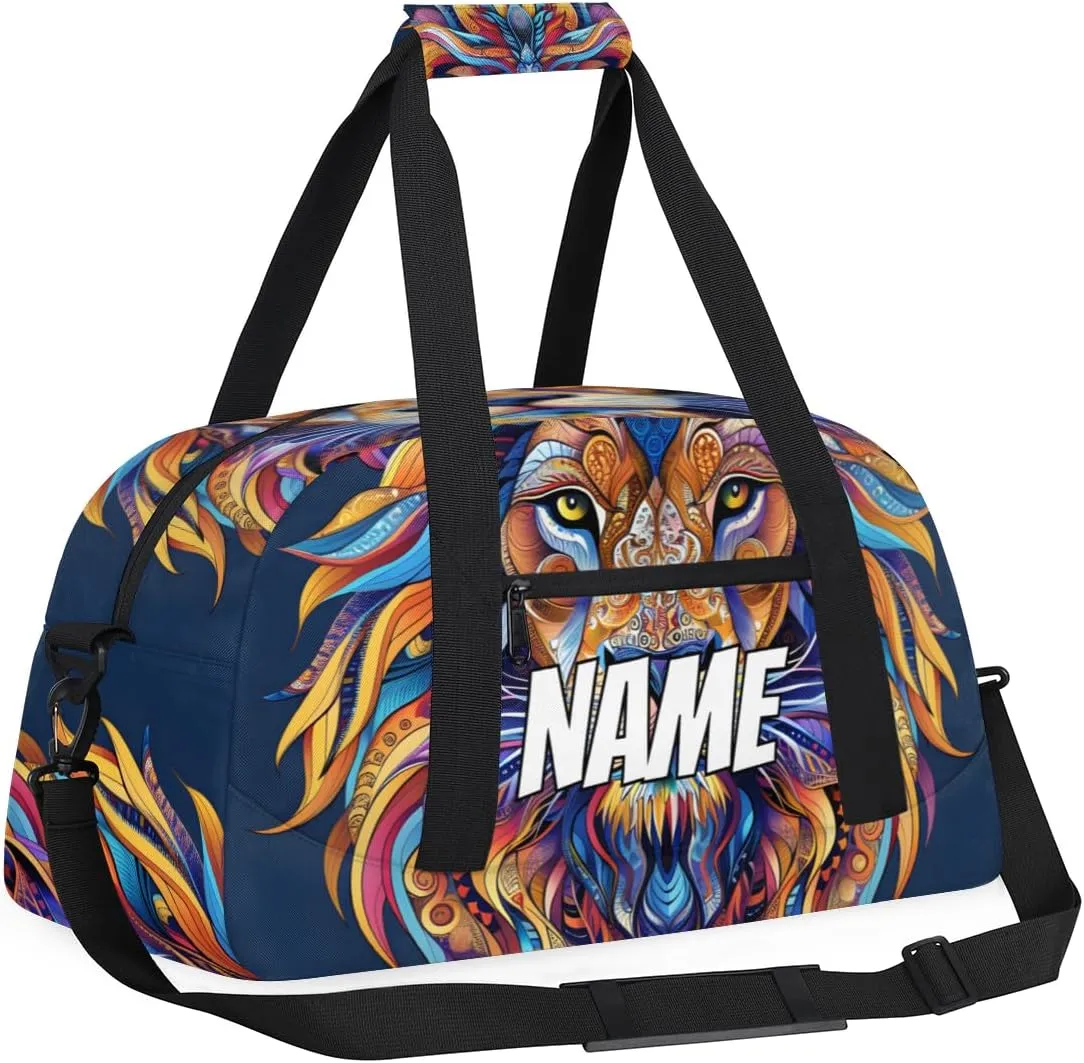 Personalized Custom Gym Bag for Women Men Carry on Boho Lion Travel Duffel Tote Cool Art Overnight Workout Weekender Bag