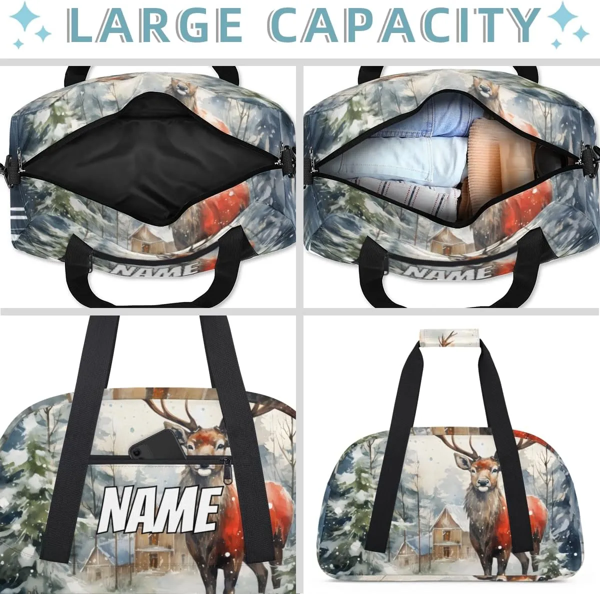 Personalized Custom Gym Bag for Women Men Carry on Christmas Reindeer Travel Duffel Tote Xmas Tree Overnight Workout Weekender Bag