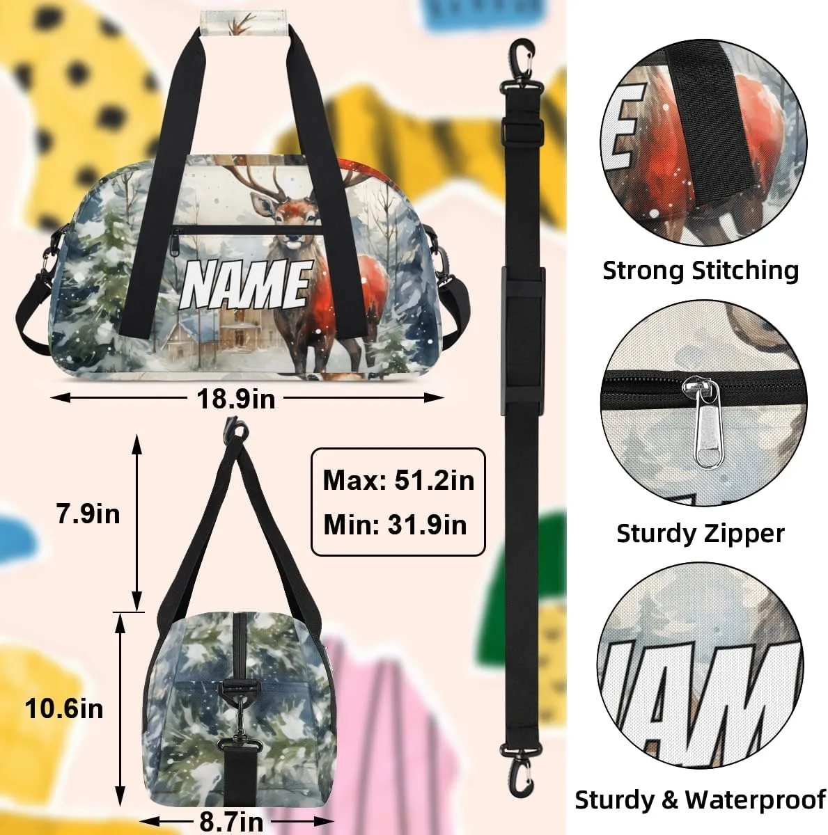 Personalized Custom Gym Bag for Women Men Carry on Christmas Reindeer Travel Duffel Tote Xmas Tree Overnight Workout Weekender Bag