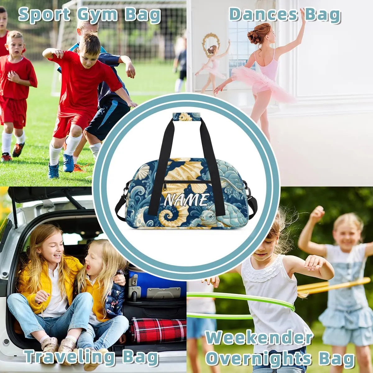 Personalized Custom Gym Bag for Women Men Carry on Coastal Seahorse Travel Duffel Tote Underwater Sea Overnight Workout Weekender Bag