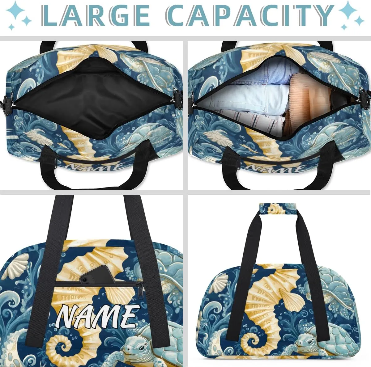 Personalized Custom Gym Bag for Women Men Carry on Coastal Seahorse Travel Duffel Tote Underwater Sea Overnight Workout Weekender Bag