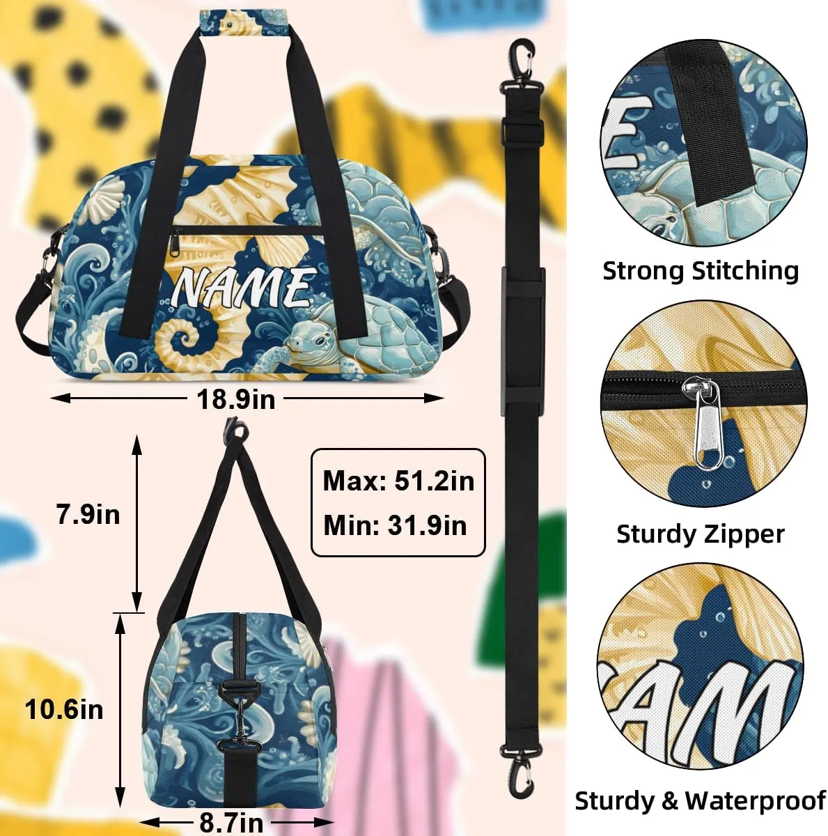 Personalized Custom Gym Bag for Women Men Carry on Coastal Seahorse Travel Duffel Tote Underwater Sea Overnight Workout Weekender Bag