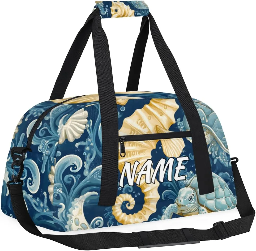 Personalized Custom Gym Bag for Women Men Carry on Coastal Seahorse Travel Duffel Tote Underwater Sea Overnight Workout Weekender Bag