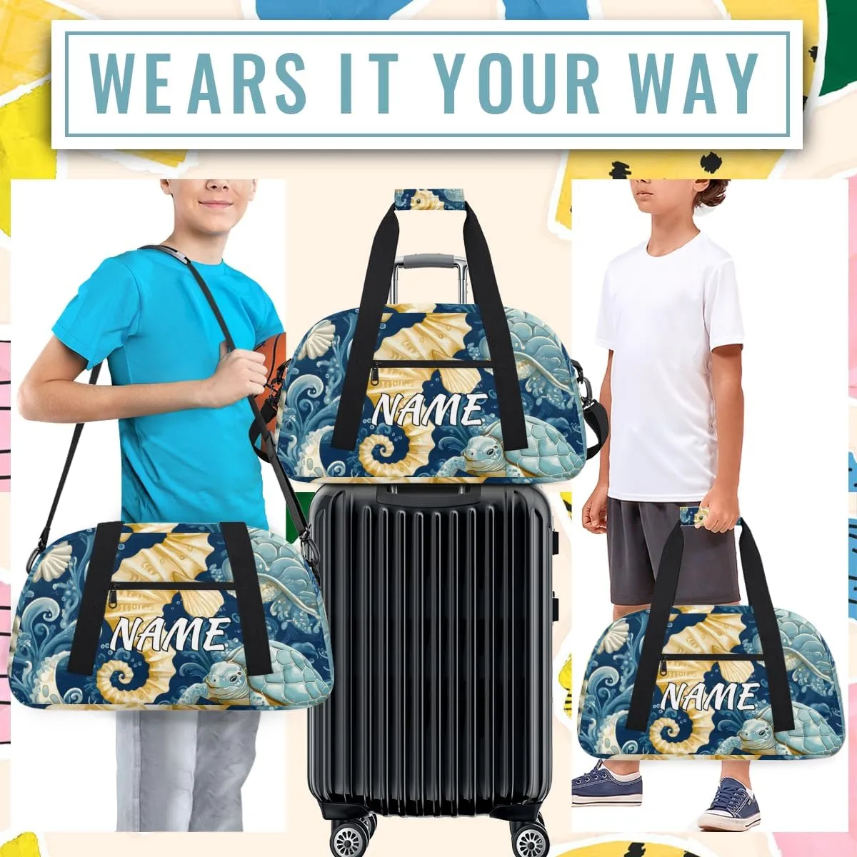 Personalized Custom Gym Bag for Women Men Carry on Coastal Seahorse Travel Duffel Tote Underwater Sea Overnight Workout Weekender Bag