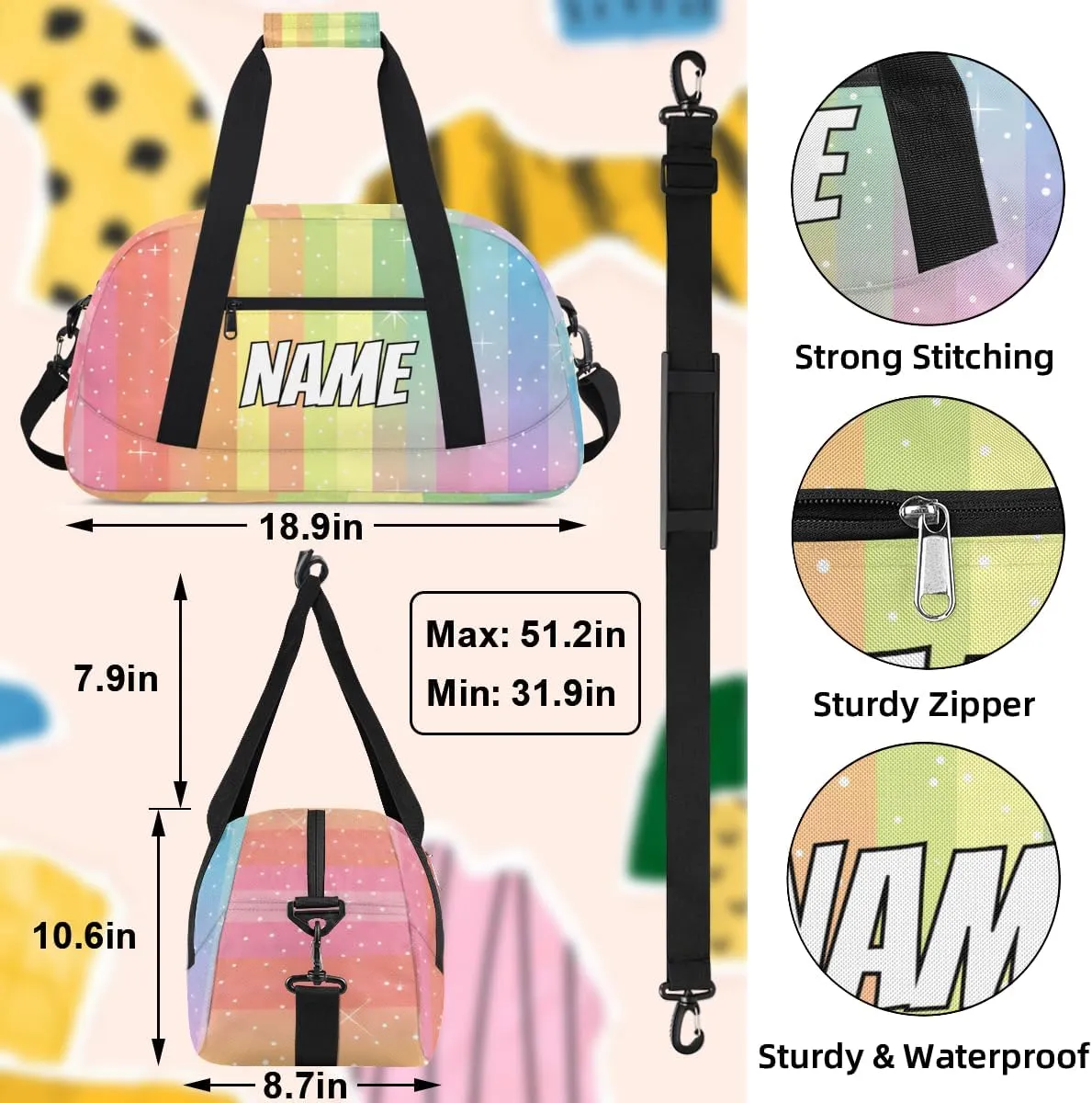 Personalized Custom Gym Bag for Women Men Carry on Colorful Rainbow Travel Duffel Tote Multicolour Overnight Workout Weekender Bag