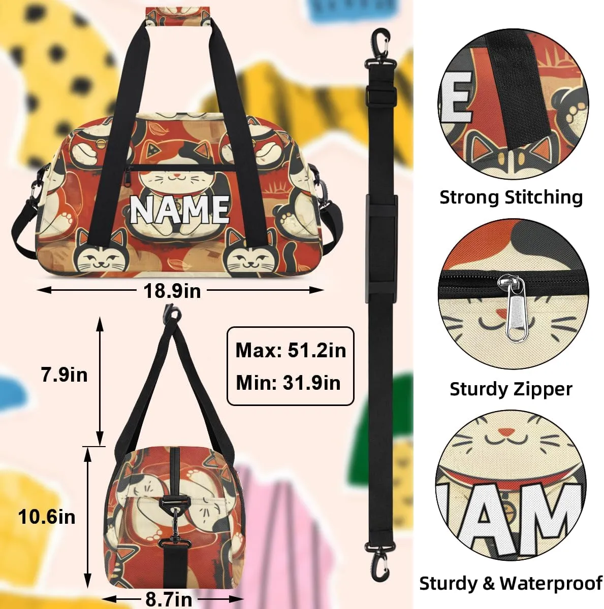 Personalized Custom Gym Bag for Women Men Carry on Cute Cats Travel Duffel Tote Retro Animals Overnight Workout Weekender Bag