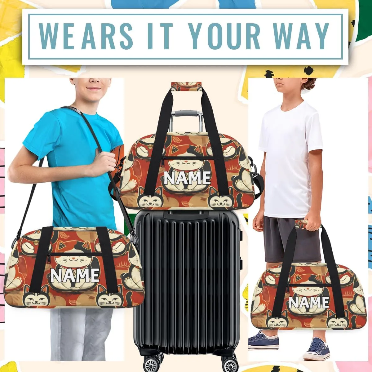 Personalized Custom Gym Bag for Women Men Carry on Cute Cats Travel Duffel Tote Retro Animals Overnight Workout Weekender Bag