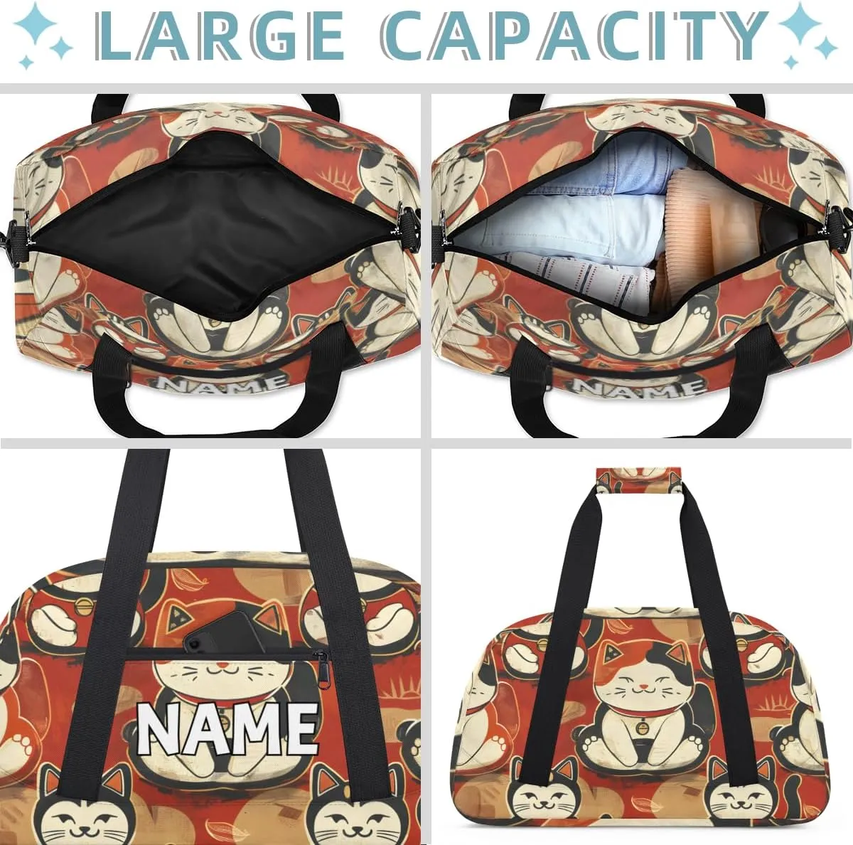 Personalized Custom Gym Bag for Women Men Carry on Cute Cats Travel Duffel Tote Retro Animals Overnight Workout Weekender Bag