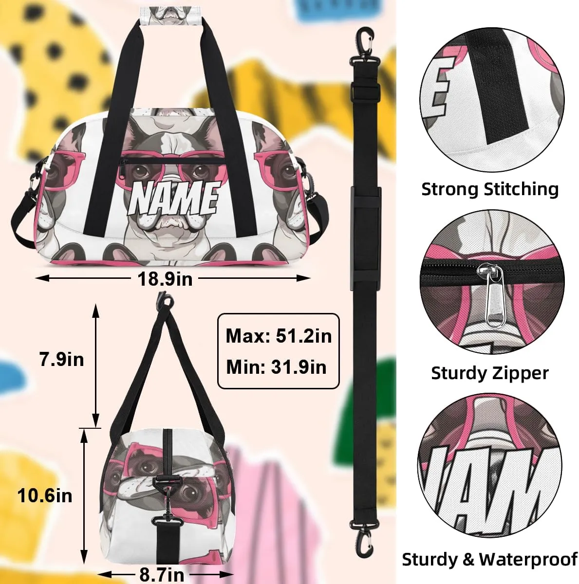 Personalized Custom Gym Bag for Women Men Carry on French Bulldog Dog Travel Duffel Tote Funny Dogs Overnight Workout Weekender Bag