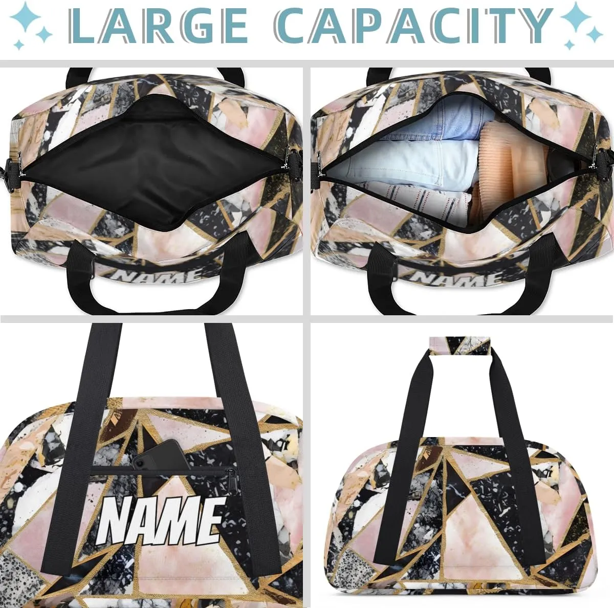 Personalized Custom Gym Bag for Women Men Carry on Geometrical Fragments Travel Duffel Tote Black Pink Overnight Workout Weekender Bag