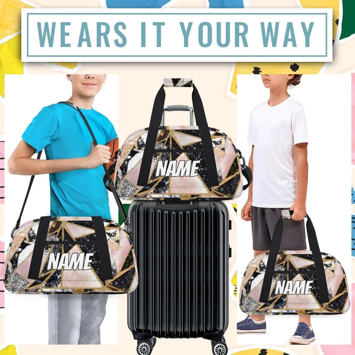 Personalized Custom Gym Bag for Women Men Carry on Geometrical Fragments Travel Duffel Tote Black Pink Overnight Workout Weekender Bag