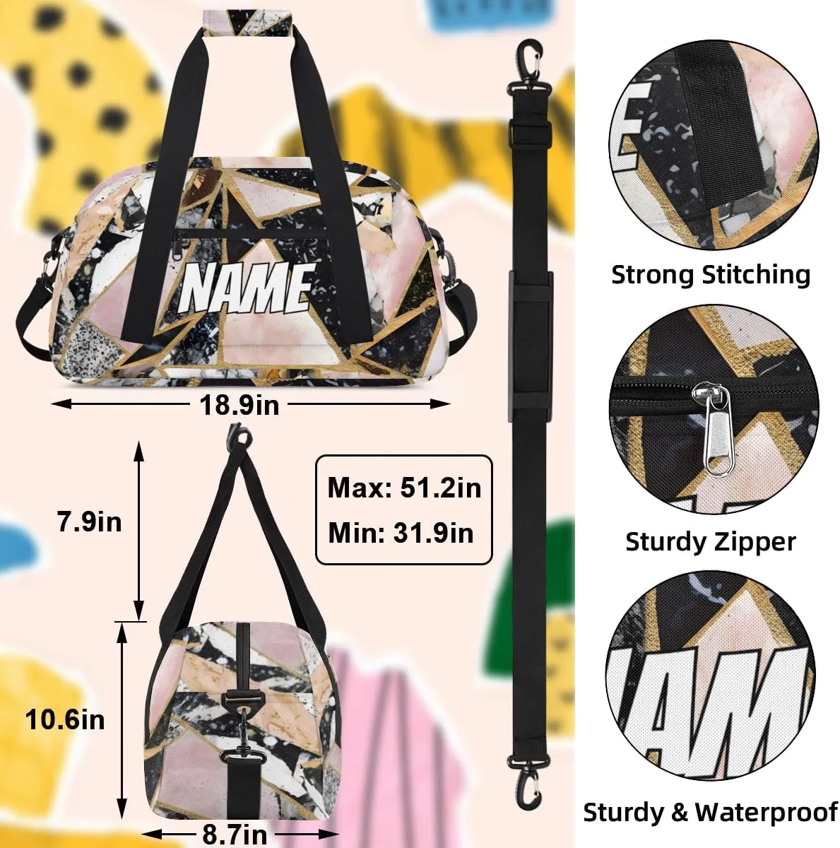 Personalized Custom Gym Bag for Women Men Carry on Geometrical Fragments Travel Duffel Tote Black Pink Overnight Workout Weekender Bag