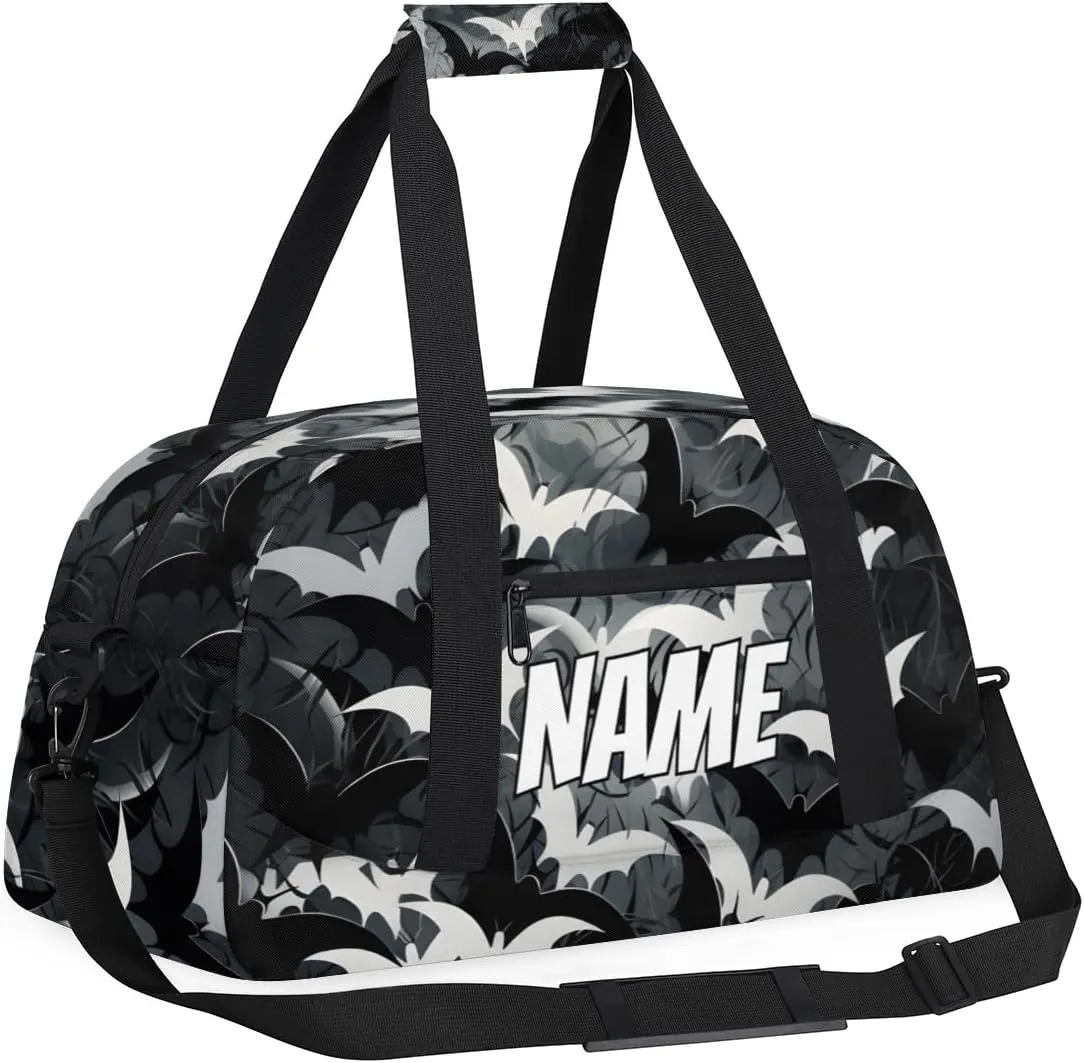 Personalized Custom Gym Bag for Women Men Carry on Halloween Bat Travel Duffel Tote Black White Overnight Workout Weekender Bag