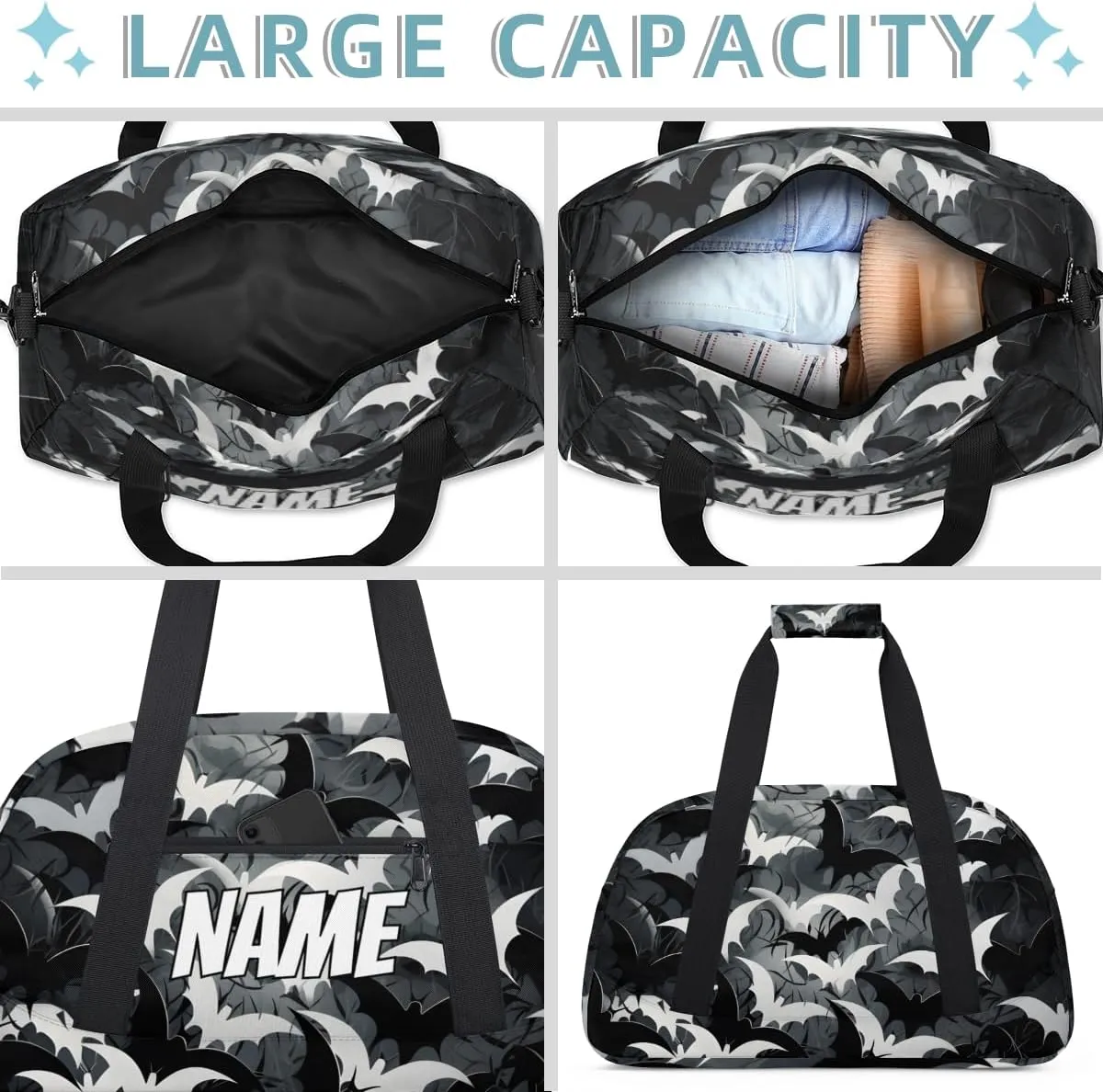 Personalized Custom Gym Bag for Women Men Carry on Halloween Bat Travel Duffel Tote Black White Overnight Workout Weekender Bag