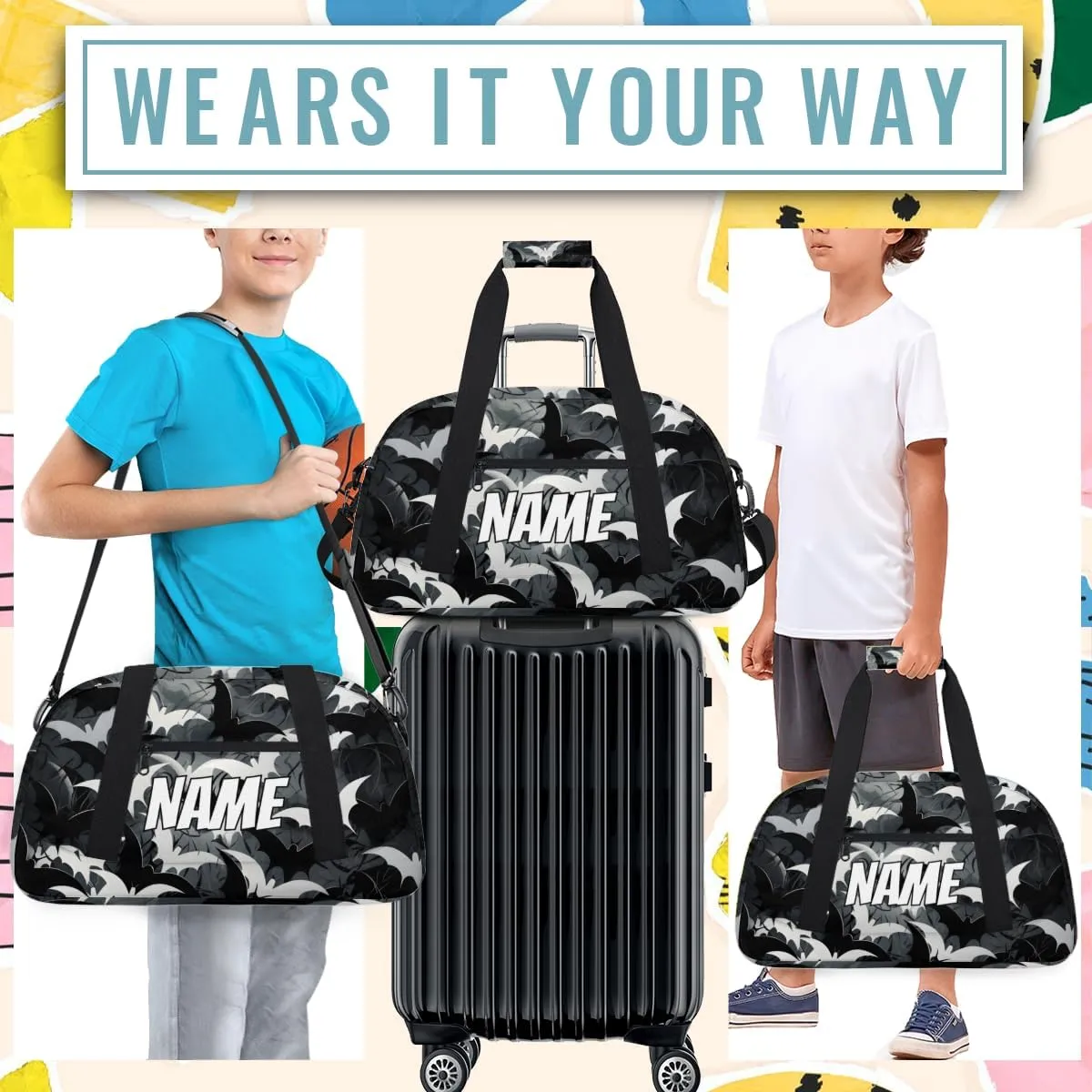 Personalized Custom Gym Bag for Women Men Carry on Halloween Bat Travel Duffel Tote Black White Overnight Workout Weekender Bag