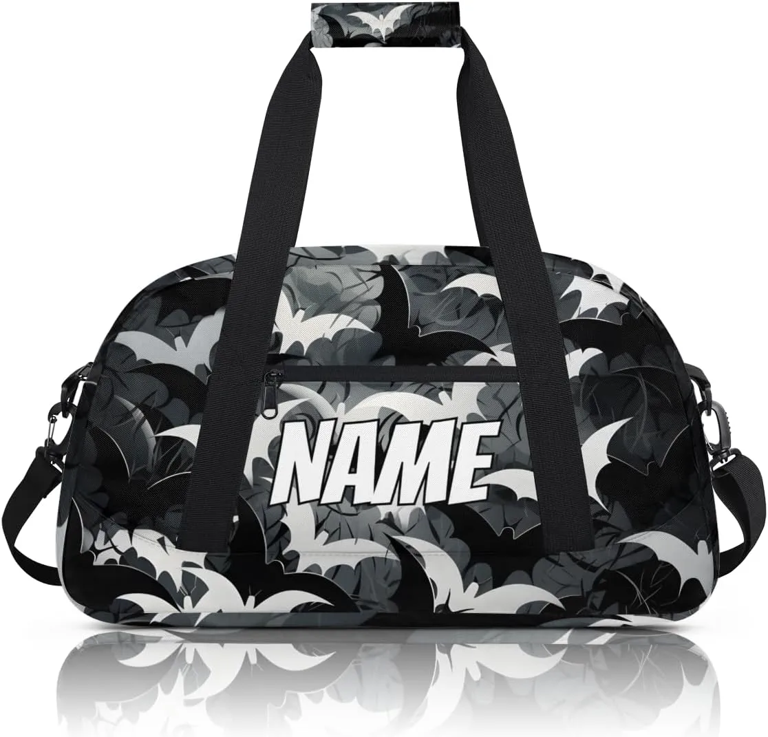 Personalized Custom Gym Bag for Women Men Carry on Halloween Bat Travel Duffel Tote Black White Overnight Workout Weekender Bag