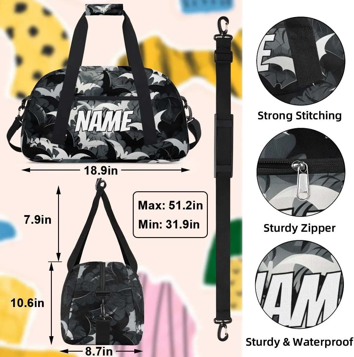 Personalized Custom Gym Bag for Women Men Carry on Halloween Bat Travel Duffel Tote Black White Overnight Workout Weekender Bag