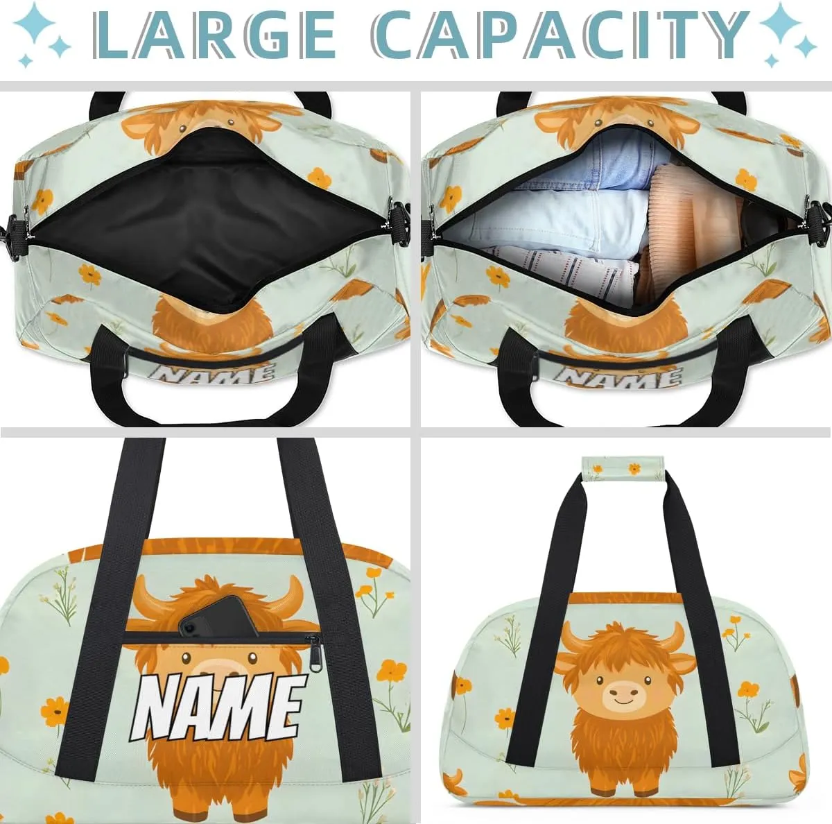 Personalized Custom Gym Bag for Women Men Carry on Highland Cow Travel Duffel Tote Yellow Flower Overnight Workout Weekender Bag