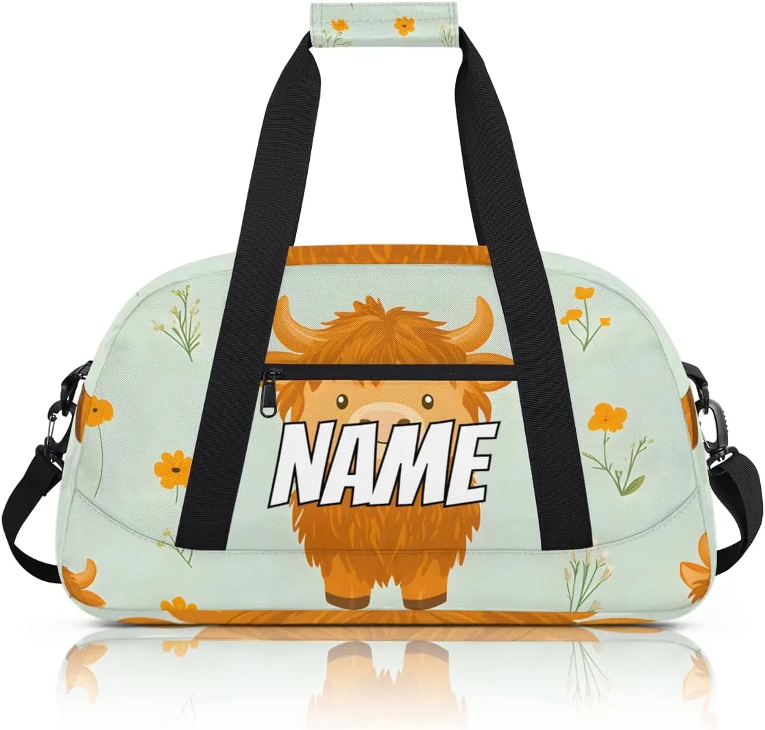Personalized Custom Gym Bag for Women Men Carry on Highland Cow Travel Duffel Tote Yellow Flower Overnight Workout Weekender Bag