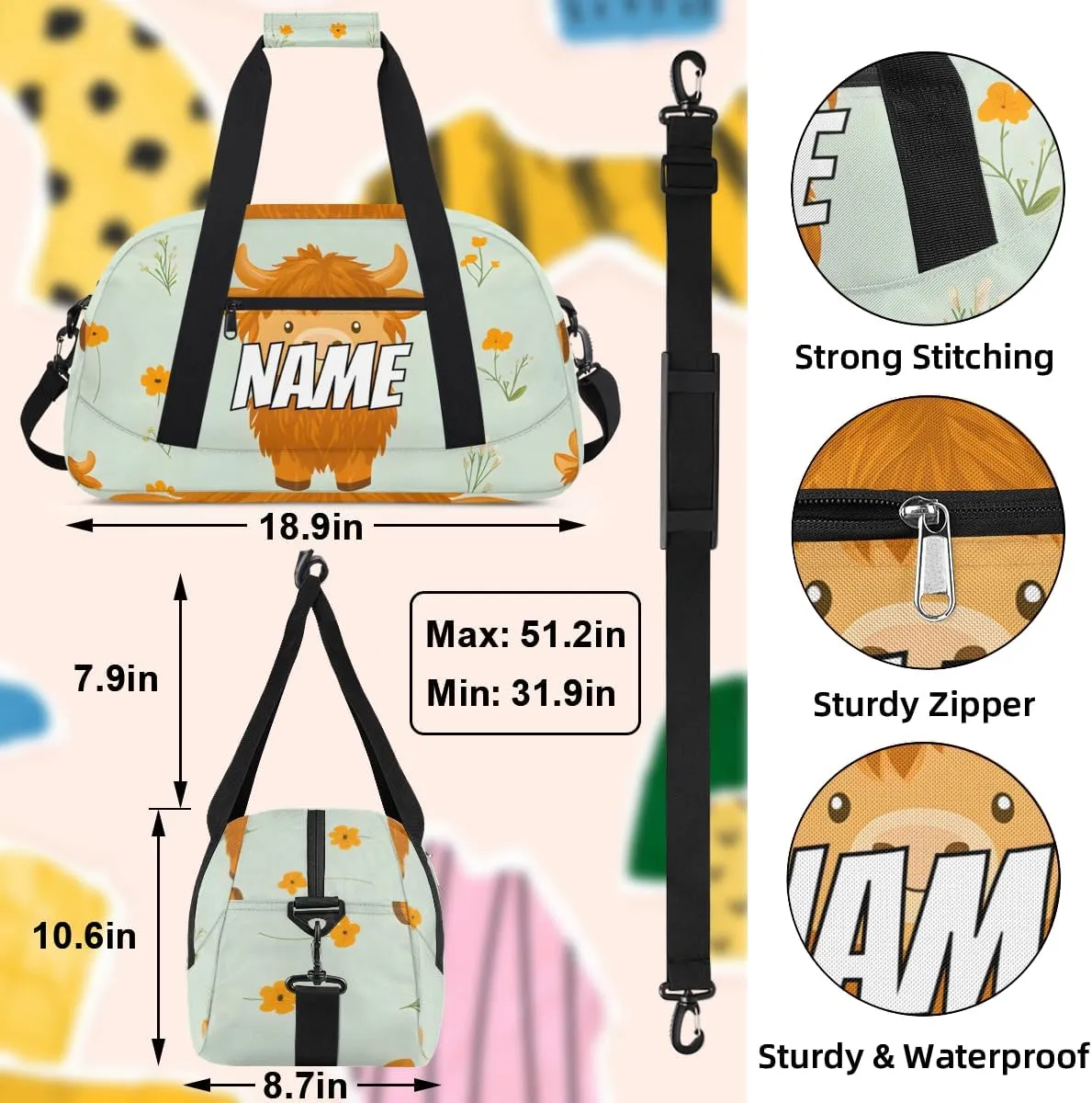 Personalized Custom Gym Bag for Women Men Carry on Highland Cow Travel Duffel Tote Yellow Flower Overnight Workout Weekender Bag