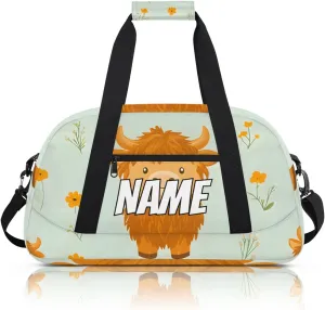 Personalized Custom Gym Bag for Women Men Carry on Highland Cow Travel Duffel Tote Yellow Flower Overnight Workout Weekender Bag