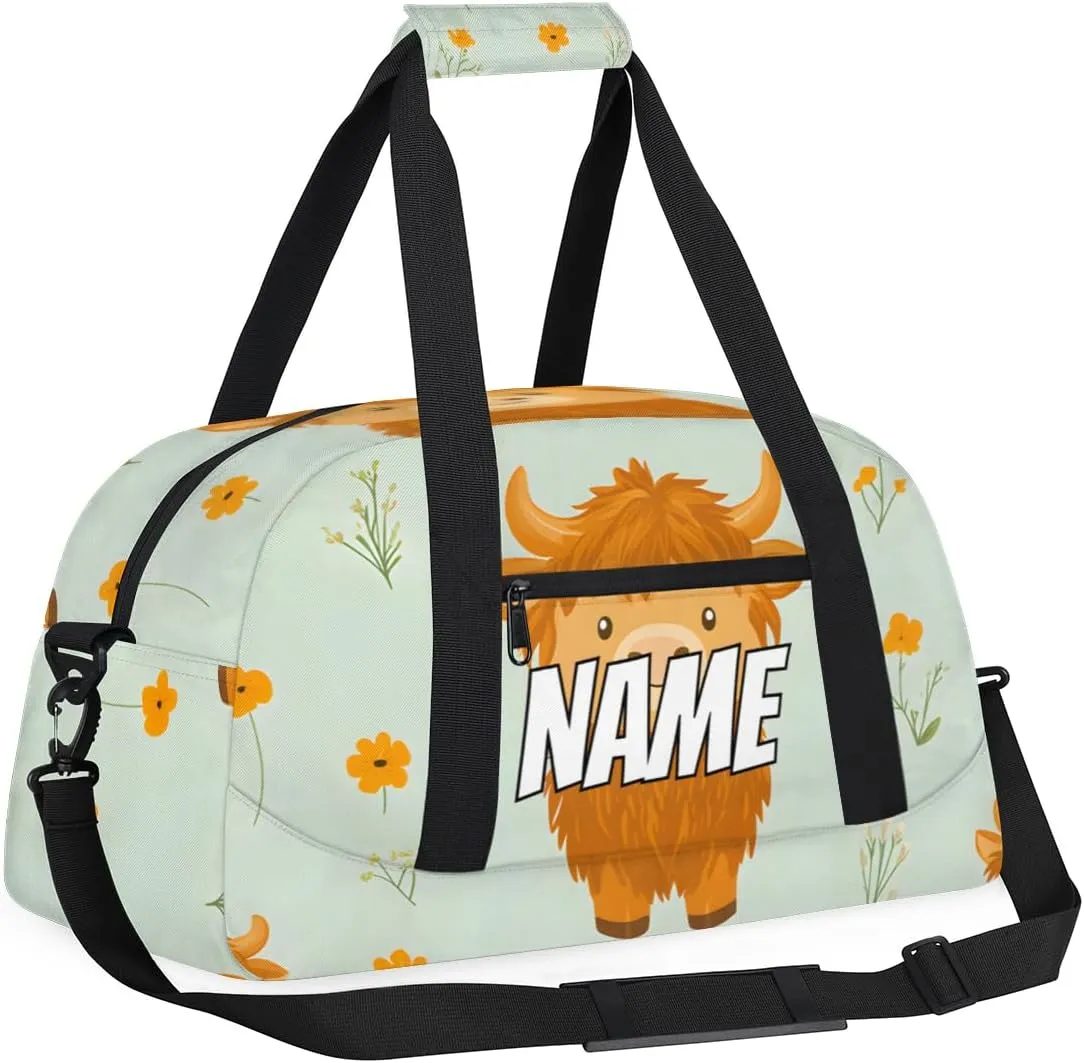 Personalized Custom Gym Bag for Women Men Carry on Highland Cow Travel Duffel Tote Yellow Flower Overnight Workout Weekender Bag