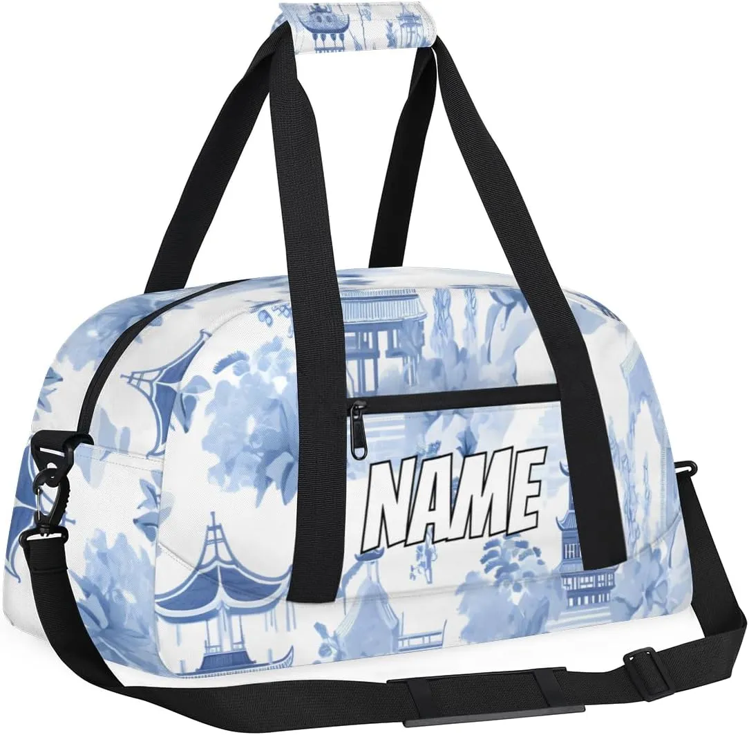 Personalized Custom Gym Bag for Women Men Carry on Japanese Nature Landscape Travel Duffel Tote Blue White Overnight Workout Weekender Bag
