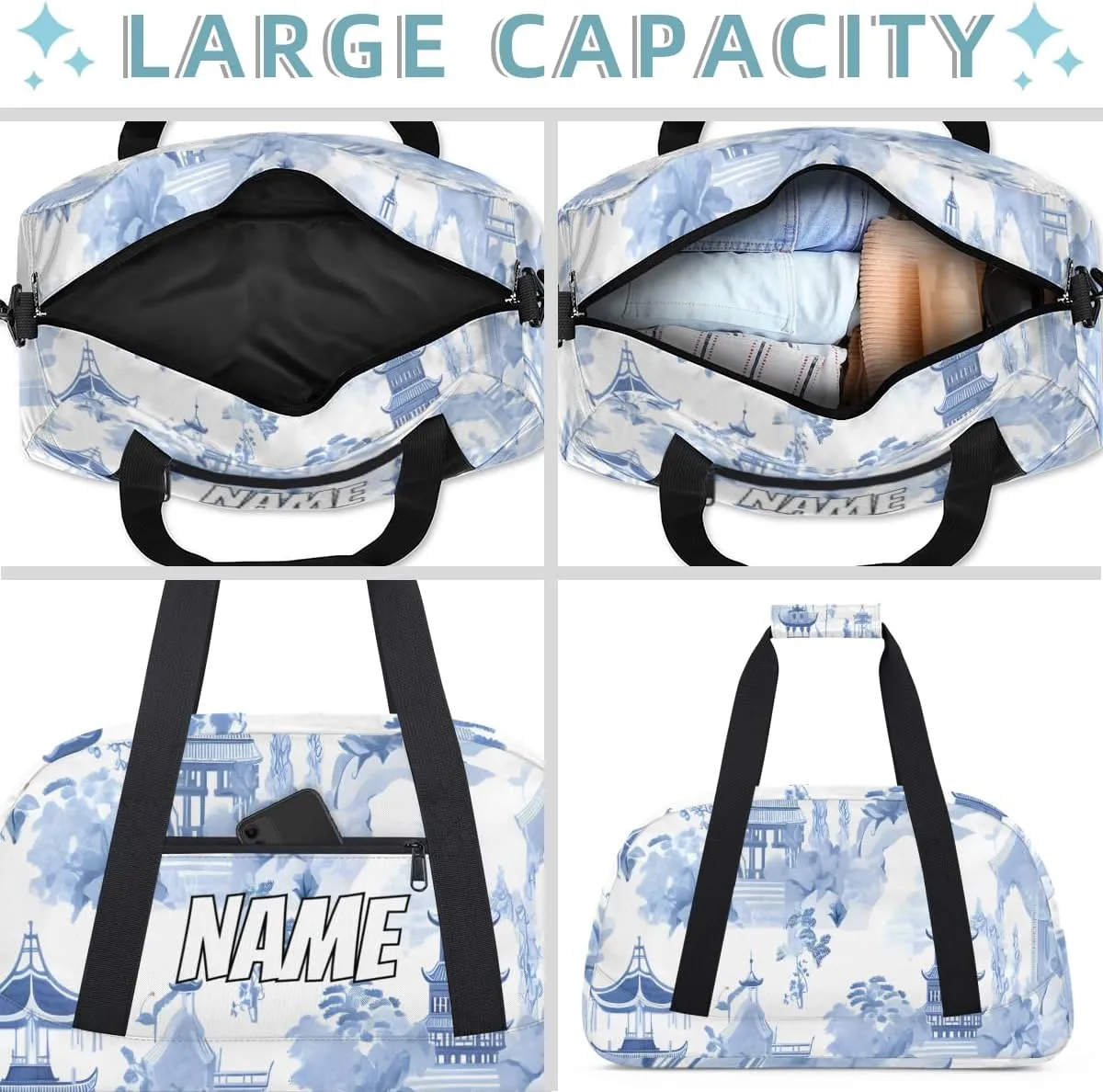 Personalized Custom Gym Bag for Women Men Carry on Japanese Nature Landscape Travel Duffel Tote Blue White Overnight Workout Weekender Bag