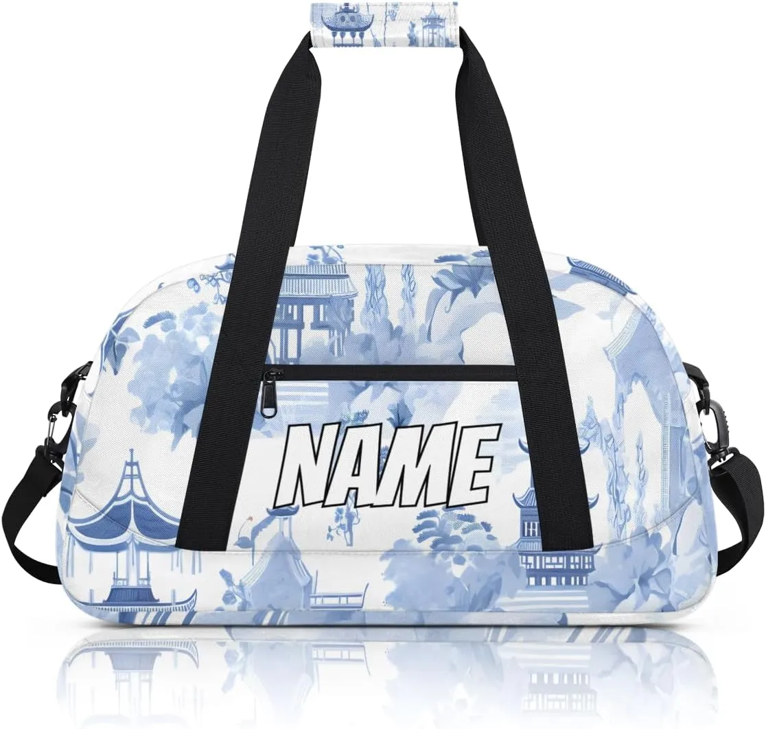 Personalized Custom Gym Bag for Women Men Carry on Japanese Nature Landscape Travel Duffel Tote Blue White Overnight Workout Weekender Bag