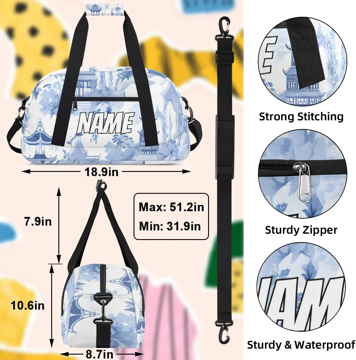 Personalized Custom Gym Bag for Women Men Carry on Japanese Nature Landscape Travel Duffel Tote Blue White Overnight Workout Weekender Bag